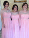Simple A-line Scoop Cap Sleeves Long Chiffon Pink Bridesmaid Dresses With Beading BD04