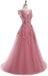 A Line Round Neck Lace Appliques Floor Length Prom Dresses PDR11