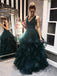 Elegant Dark Green V Neck Tulle Backless Prom Dresses, Long Evening Dresses TD63