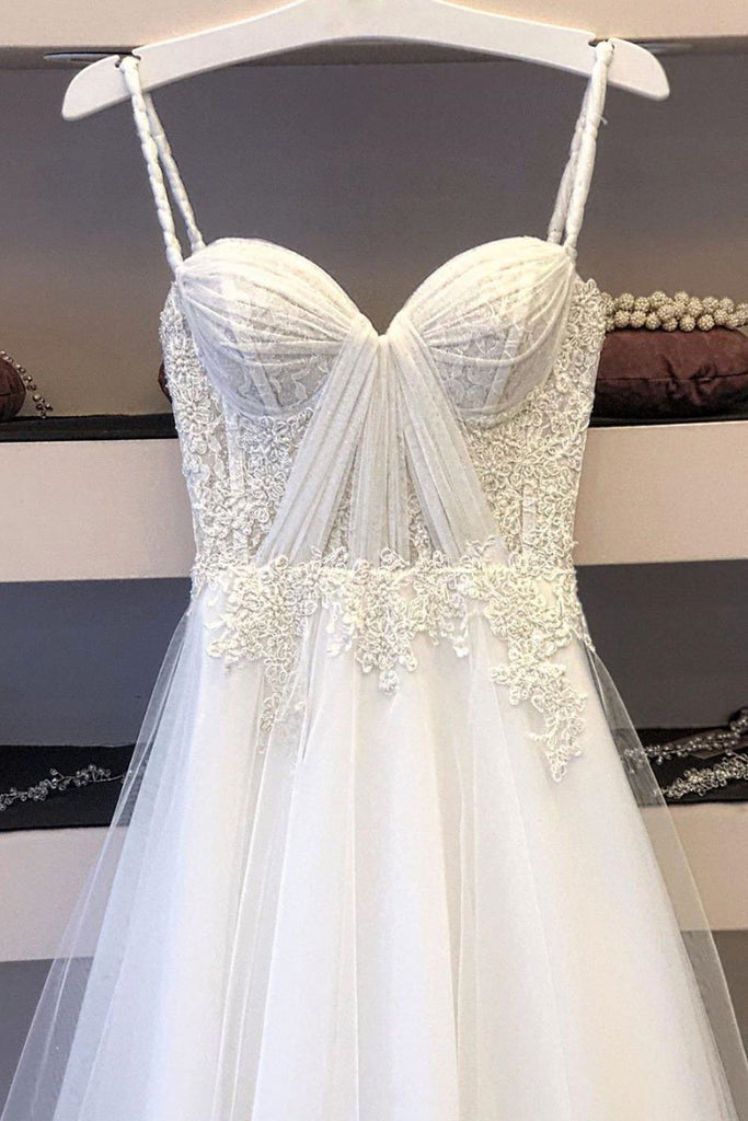White Spaghetti Straps Tulle Lace Appliques Long Prom Dress Evening Dress PDS624