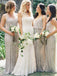 Sparkly A Line V Neck Sequins Long Bridesmaid Dresses, Wedding Party Dresses BD34