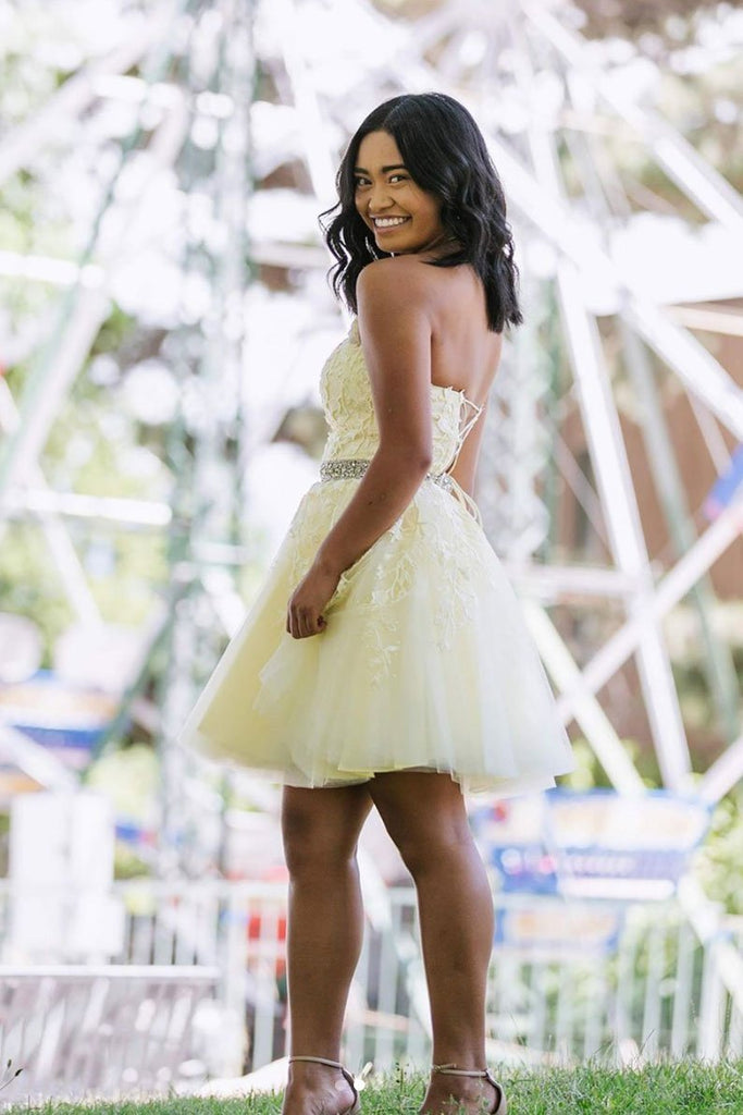 Yellow Tulle Lace Short Prom Dress Beading A Line Homecoming Dress PDP41