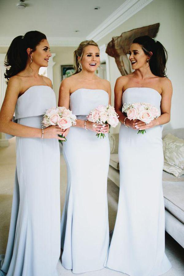 Simple Strapless Grey Satin Cheap Long Bridesmaid Dresses PDI44