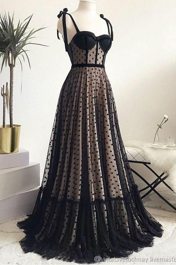 Vintage Spaghetti Straps Black A Line Long Prom Dress Formal Evening Dresses PDS50