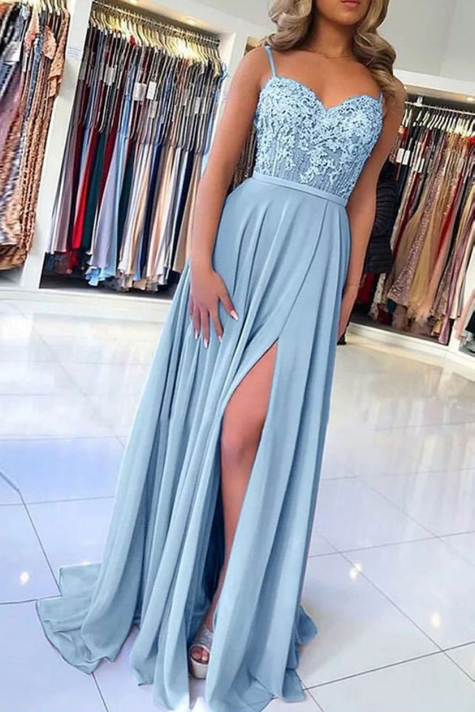 Light Blue Chiffon Slit Spaghetti Straps Prom Dresses, Long Evening Dress PDQ5