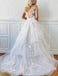 Romantic A-Line V Neck Tiered Appliques Tulle Long Wedding Dresses PPD87