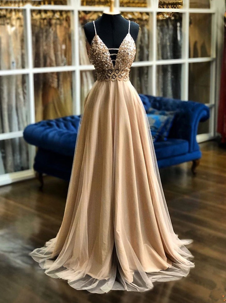 Elegant A-Line Spaghetti Straps V Neck Formal Prom Dresses Beaded Evening Dresses TD26