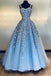 Charming 3D Flowers Light Blue Tulle Appliques Long Prom Dresses Straps Evening Dress TD90