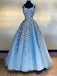 Light blue tulle applique long prom dress straps evening dress mg179