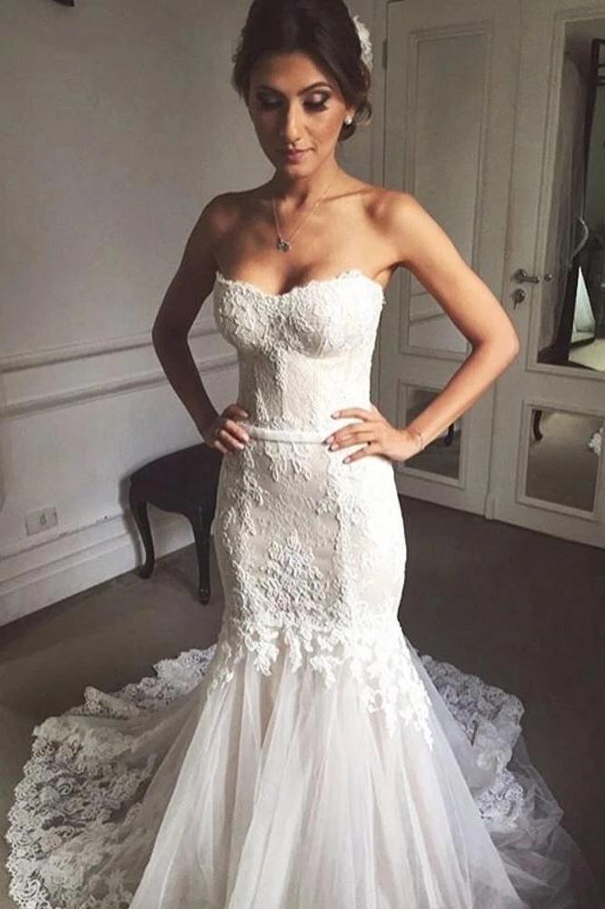 Elegant Sweetheart Strapless Mermaid Ivory Wedding Dresses Lace Appliques Bridal Gown WD32