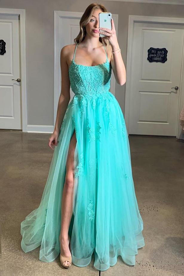 Sexy A Line Spaghetti Straps Mint Green Split Evening Dress Appliqued Backless Prom Dress PD176