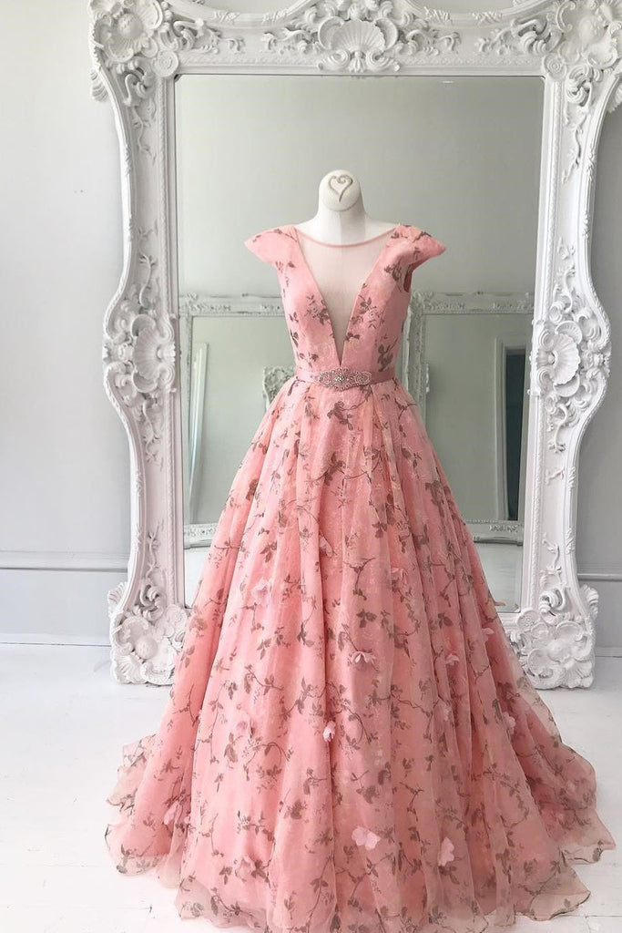 Princess A Line Floral Pink Cap Sleeves Long Prom Dress PDK97
