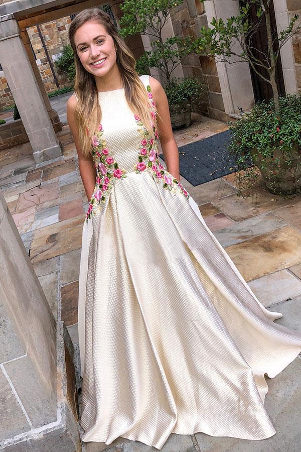 Fashion Boat Neck V Back Floral Embroidery Long Prom Dress with Pockets PDK79