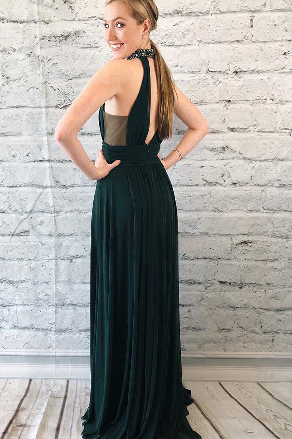 Elegant Dark Green Chiffon Split Long Prom Dress With Beads PDK90