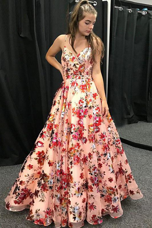 A-Line Spaghetti Straps Floral Print Long Prom Dress PDL94