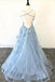 Lace Appliques Sky Blue Prom Dress with Criss Cross Back PDP13