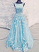Chic A Line Round Neck Light Sky Blue Tulle Appliques Long Prom Dresses With Beading TD125