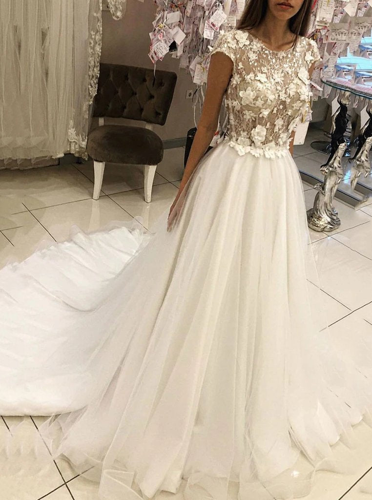 Unique Round Neck Tulle Ivory Lace Appliques Long Wedding Dresses With Cap Sleeves WD24