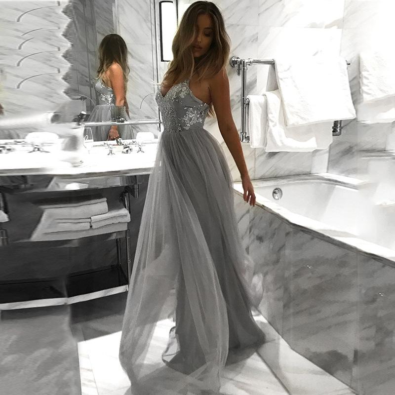 Charming Spaghetti Straps Grey A Line Tulle Long Prom Dress PDP69