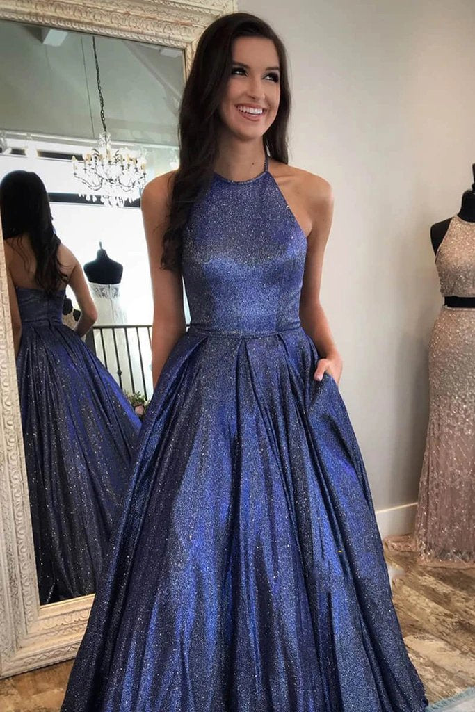 Sparkly Halter A-Line Navy Blue Long Satin Prom Dresses with Pockets, Formal Dresses TD80