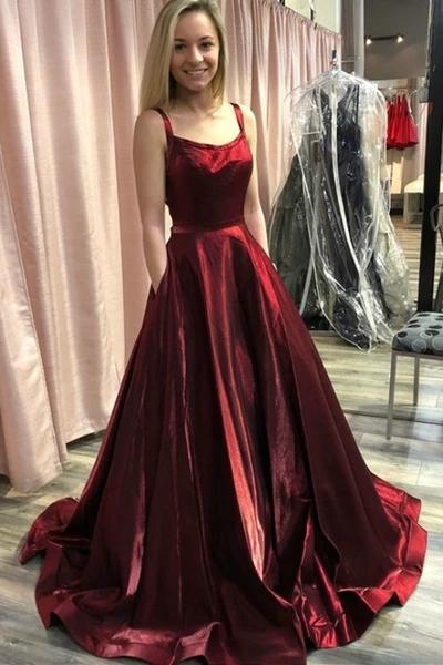 Simple A Line Burgundy Prom Dresses with Pockets, Satin Straps Long Dance Dresses TD18
