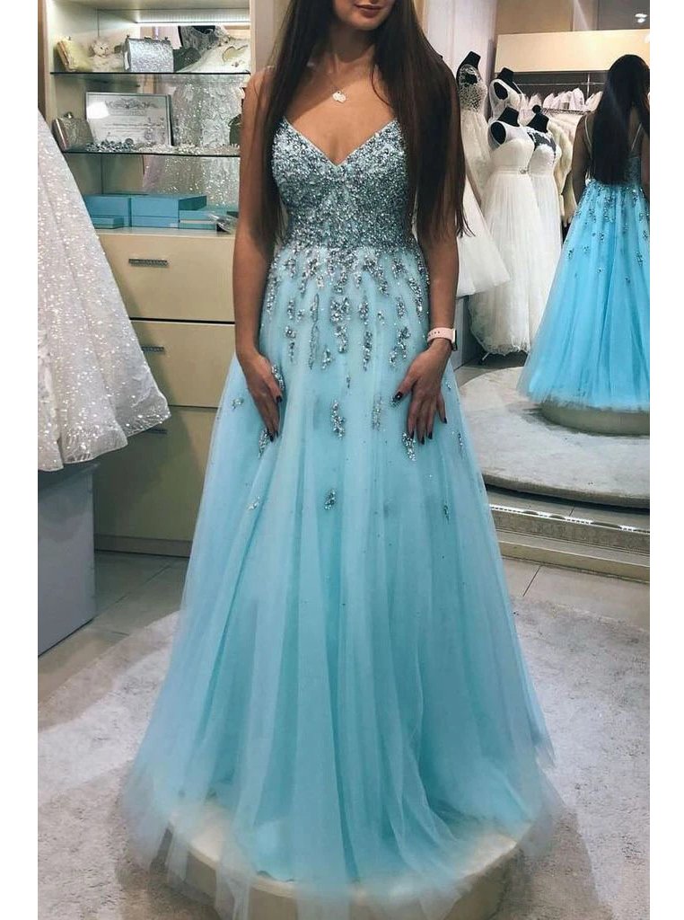 Elegant A-line V Neck Beads Spaghetti Straps Prom Dresses Tulle Prom Party Gowns TD36