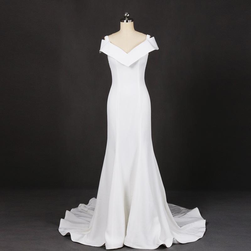 Mermaid V Neck Off White Simple Wedding Dress, Long Bridal Dresses PDQ18
