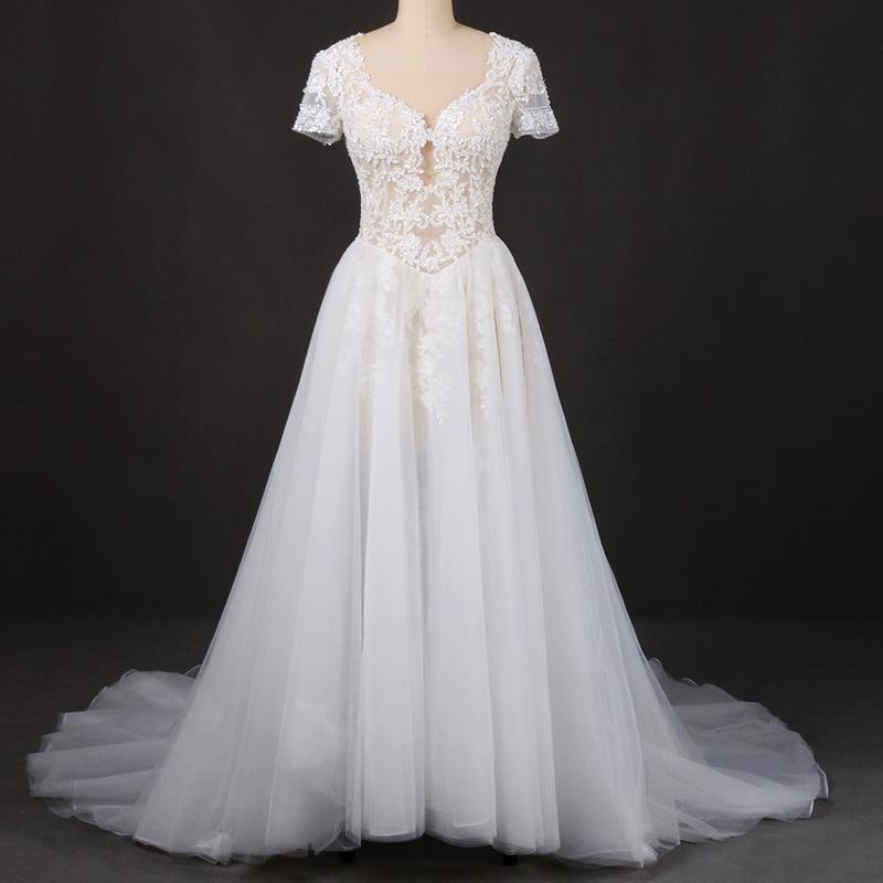 Off White A Line Short Sleeves Lace Appliques Wedding Dress, Bridal Gown PDQ32