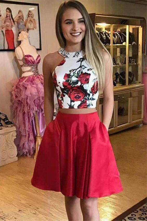 Two Pieces Red Floral Homecoming Dresses With Pockets PDL80