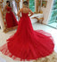 A-line red tulle long prom dresses, straps formal party dress with beading mg288