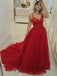 Princess A Line Red Tulle Long Prom Dresses, Spaghetti Straps Formal Party Dresses TD24