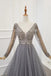 Elegant a-line v-neck tulle beading long sleeves silver prom dress mg293