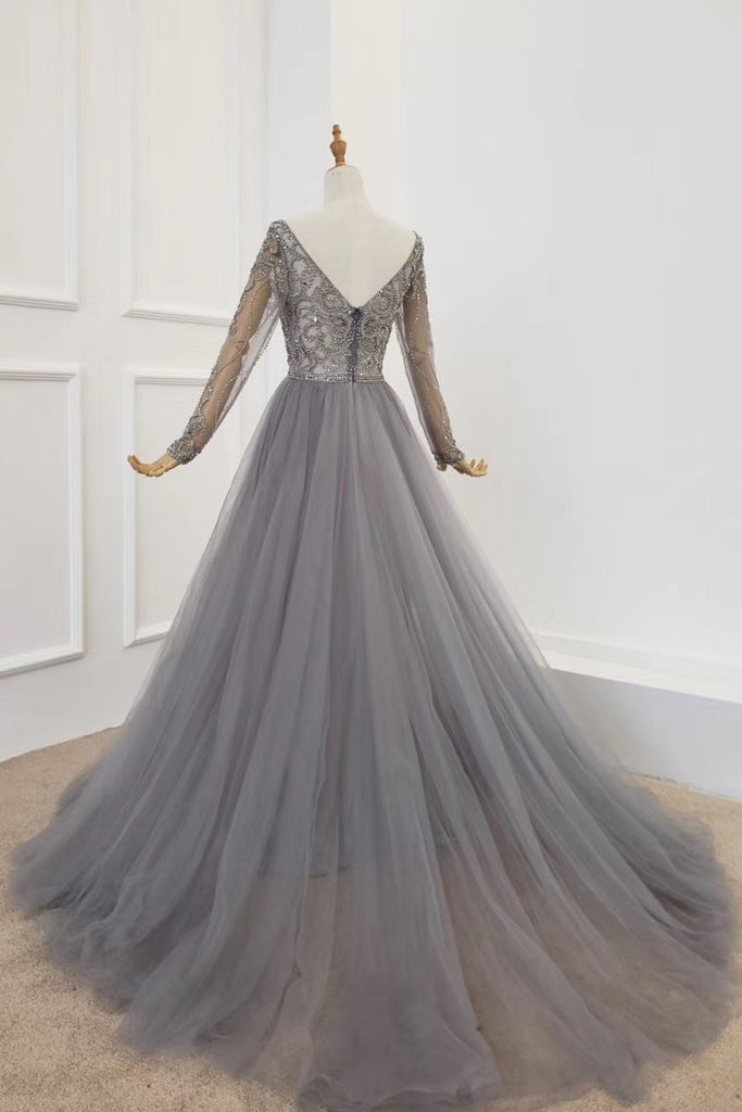 Elegant A-line V Neck Tulle Beading Long Sleeves Silver Prom Dresses, Evening Dresses TD68
