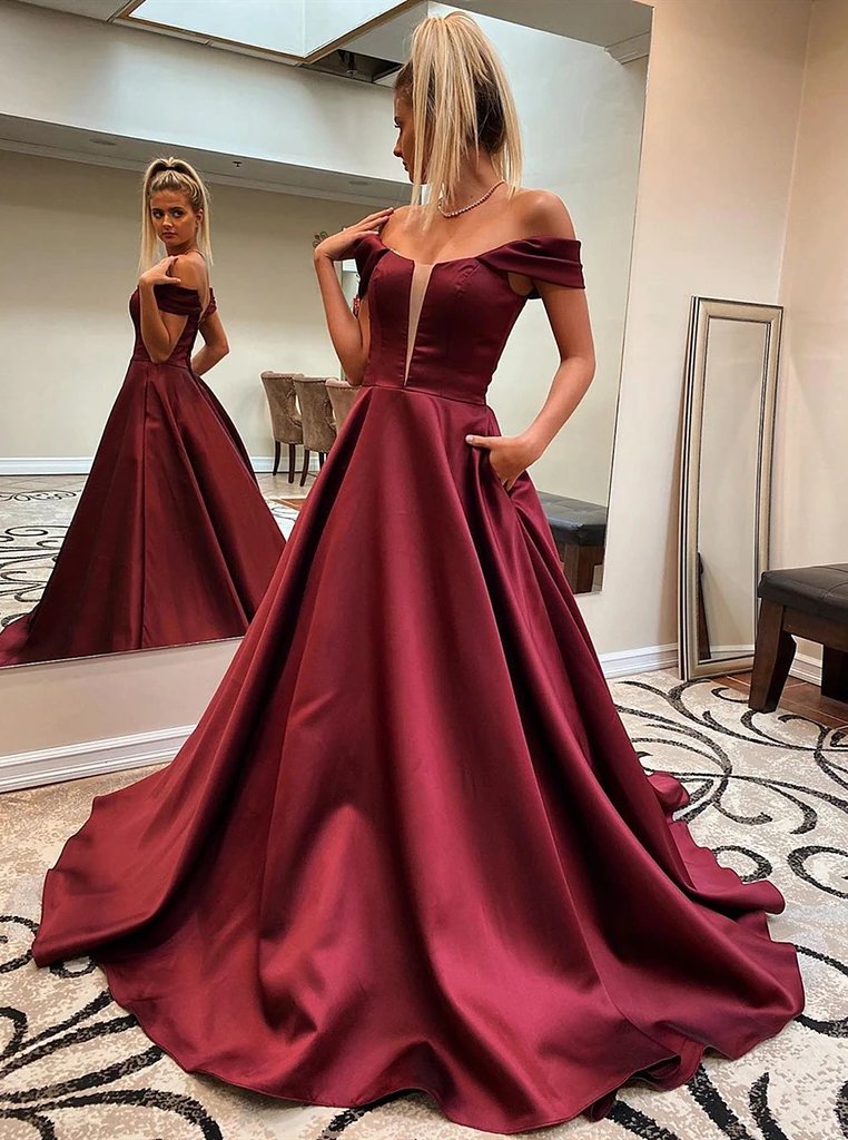 Off shoulder burgundy prom dresses, long graduation evening dress with pockets mg16