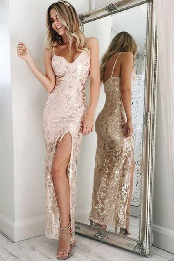 Mermaid Spaghetti Straps Pearl Pink Sequined Split Sexy Prom Dress PDE86