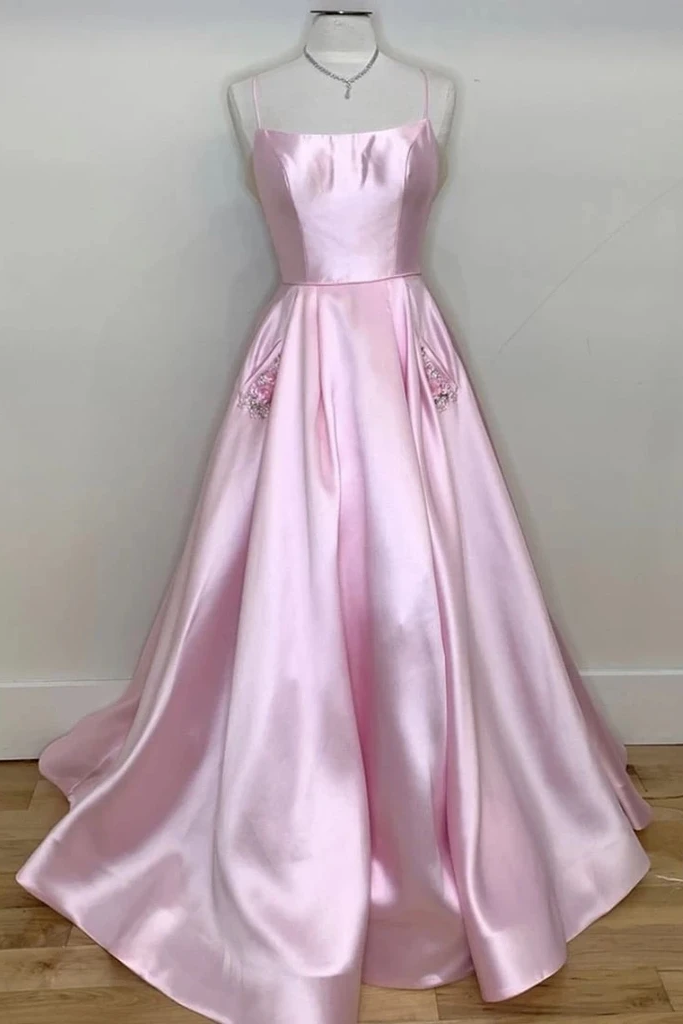 A-line Spaghetti Straps Pink Long Prom Dresses With Pockts Satin Simple Evening Dress PDS93