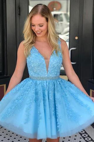 Blue Appliques Beaded Sleeveless A Line Tulle Short Homecoming Dresses PPD30