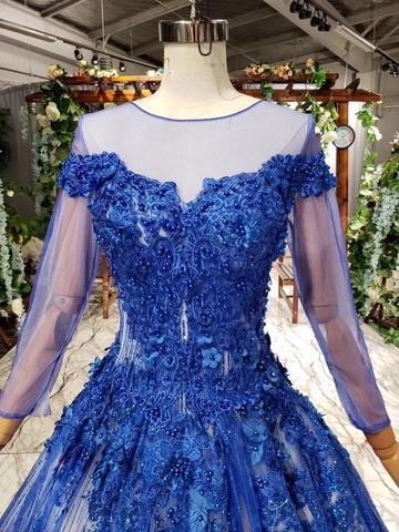 Charming Long Sleeve Tulle Royal Blue Applique Ball Gown Prom Dresses with Beads PDN74
