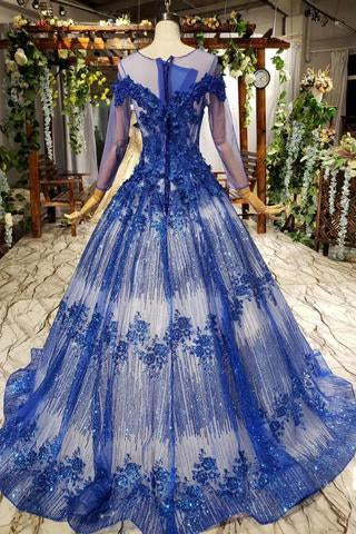 Charming Long Sleeve Tulle Royal Blue Applique Ball Gown Prom Dresses with Beads PDN74