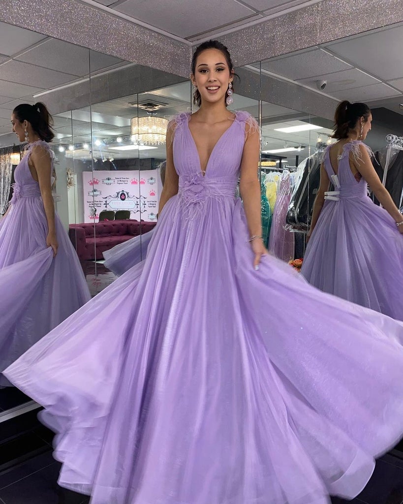 Elegant A Line Deep V Neck Purple Tulle Long Prom Dress, Lavender Formal Evening Dress OM0018