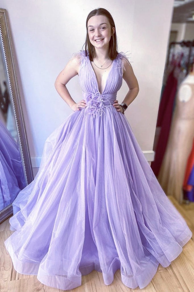 Elegant A Line Deep V Neck Purple Tulle Long Prom Dress, Lavender Formal Evening Dress OM0018