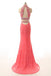 Elegant Two Pieces Watermelon Mermaid Beaded Long Sheath Modest Prom Dresses PD183