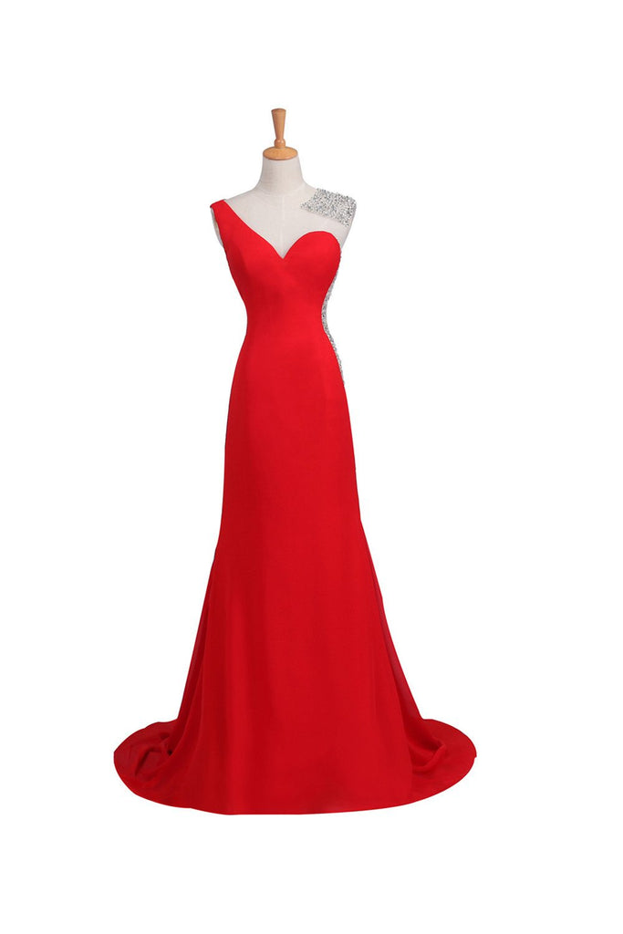 Unique Sweetheart Satin Red Long Beaded One Shoulder Prom Dresses, Long Dance Dress TD129