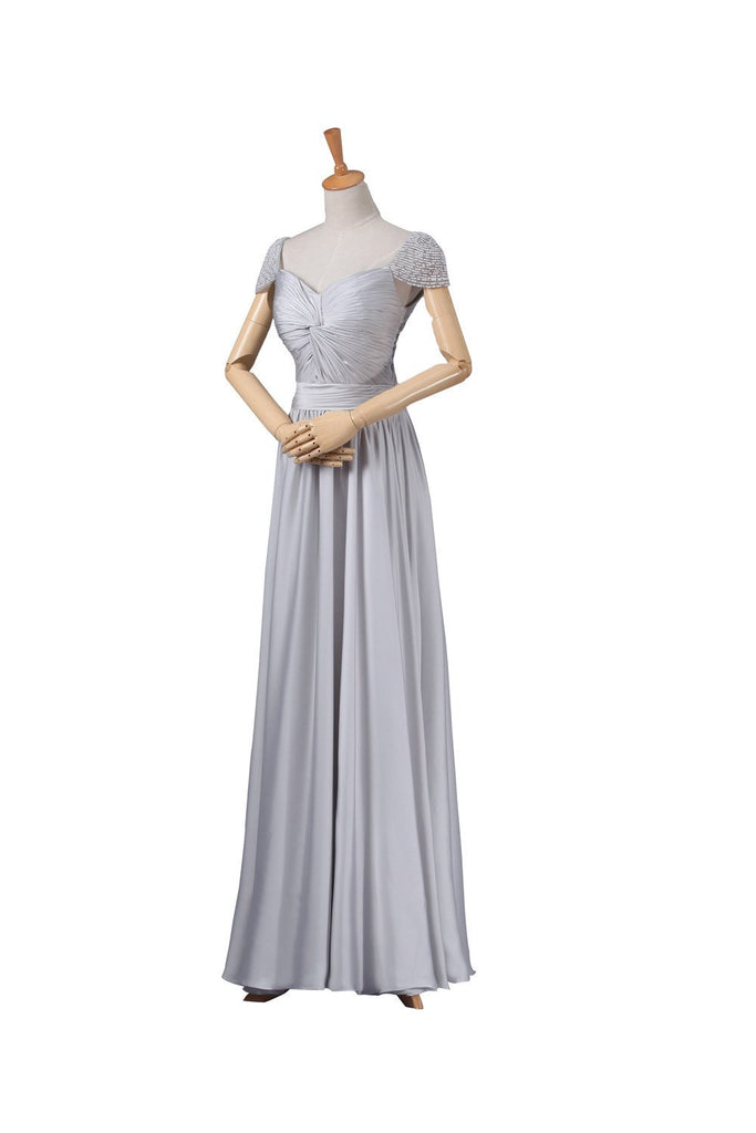 Modest Gray Chiffon Long Cap Sleeves V Neck Prom Dresses, Bridesmaid Dresses TD102