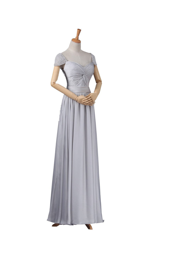 Modest Gray Chiffon Long Cap Sleeves V Neck Prom Dresses, Bridesmaid Dresses TD102