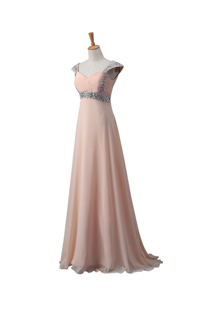Elegant Blush Pink Cap Sleeves V Neck Chiffon Beaded Long Prom Evening Dresses TD49