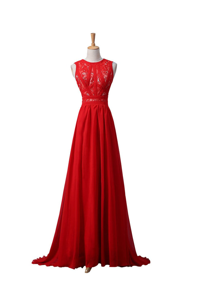 Chic A Line Red Lace Round Neck Chiffon Beaded Long Straps Prom Evening Dresses TD121