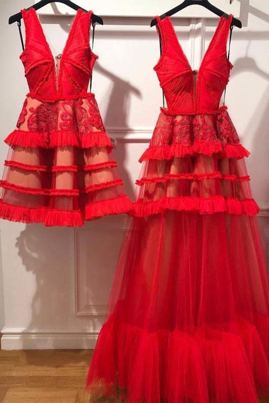 Charming Red V Neck Tulle Long Prom Dress, Evening Ddress PDP62