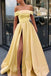 Simple A Line Off the Shoulder Satin High Slit Yellow Prom Dresses, Long Formal Dresses SK04