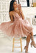 Charming A Line Pink Spaghetti Straps V Neck Lace Homecoming Dresses, Short Dresses SK33